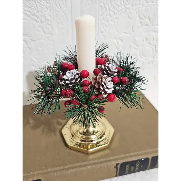 Christmas Candle Ring Faux Wreath Pinecone Red Berries Ralph Lauren Christmas - Picture 1 of 8